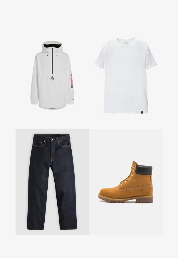 Weißer Pullover-Jacke mit schwarzem Reißverschluss und elastischen Bündchen. Hat ein Logo auf der Brust und bunten Text auf dem Ärmel. Leichtes Material.; Weißes Muskel-fitt T-Shirt aus Baumwolle. Rundhals, kurze Ärmel, glatte Textur. Kleines schwarzes Logo-Tag am Saum. Schlichtes Design.; Dunkelblaue Jeans aus Denim mit geradem Schnitt, fünf Taschen, kontrastierenden orangen Nähten und einem Knopfverschluss. Keine sichtbaren Muster oder Verzierungen.; Beige Wildleder-Ankle-Boot mit schwarzem gepolstertem Kragen, goldenen Metallösen, weißen Nähdetalben und einer robusten Gummisohle mit ausgeprägtem Profil.