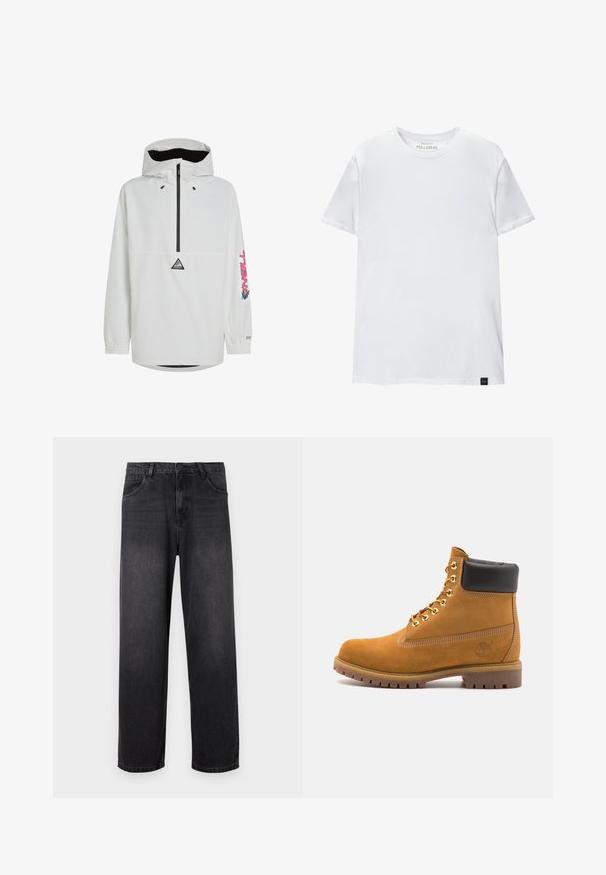 Giacca a pullover bianca con zip nera e polsini elasticizzati. Presenta un logo sul petto e testo colorato sulla manica. Tessuto leggero.; T-shirt bianco attillato in cotone. Collo rotondo, maniche corte, texture liscia. Piccola etichetta nera al fondo. Design semplice.; Jeans in denim grigio scuro con un design a gamba dritta, dotati di zip, cinque tasche e dettagli di sbiadimento sottili sul tessuto.; Stivale alla caviglia in suede tan con collare imbottito nero, occhielli in metallo dorato, dettagli in cucitura bianca e suola in gomma robusta con battistrada pronunciato.