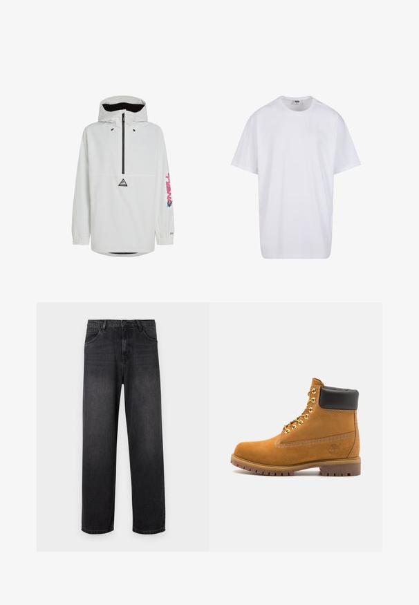 Veste pullover blanche avec une fermeture éclair noire et des poignets élastiques. Dotée d'un logo sur la poitrine et d'un texte coloré sur la manche. Tissu léger.; T-shirt en coton blanc avec des manches courtes, un col rond, une coupe décontractée et sans logos ni motifs visibles. Texture lisse et design minimaliste.; Jeans en denim gris foncé avec un design à jambe droite, dotés d'une fermeture éclair, de cinq poches et de légères décolorations sur le tissu.; Bottine en daim beige avec un col rembourré noir, œillets en métal doré, détails de surpiqûres blanches et semelle en caoutchouc robuste avec des crampons prononcés.