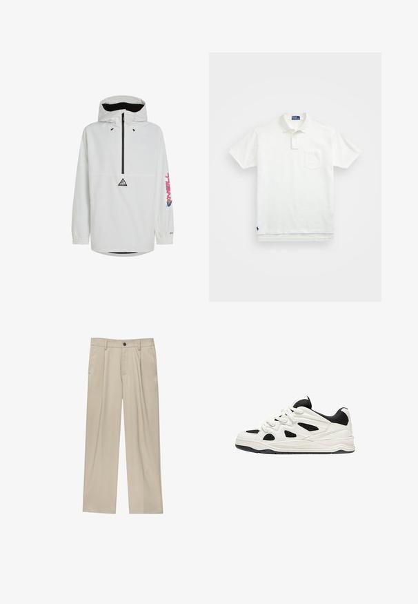 Veste pullover blanche avec une fermeture éclair noire et des poignets élastiques. Dotée d'un logo sur la poitrine et d'un texte coloré sur la manche. Tissu léger.; Polo shirt blanc en coton, avec un col classique, une patte de boutonnage à trois boutons et une poche sur la poitrine à gauche ; petit logo en bas.; Pantalon beige à coupe droite, doté d'un seul bouton noir, de passants de ceinture et de poches latérales. Texture de tissu lisse et design minimaliste.; Des chaussures de sport blanches et noires avec une semelle texturée, présentant des découpes sur les côtés et des lacets, ainsi qu'un dos rembourré pour le soutien.