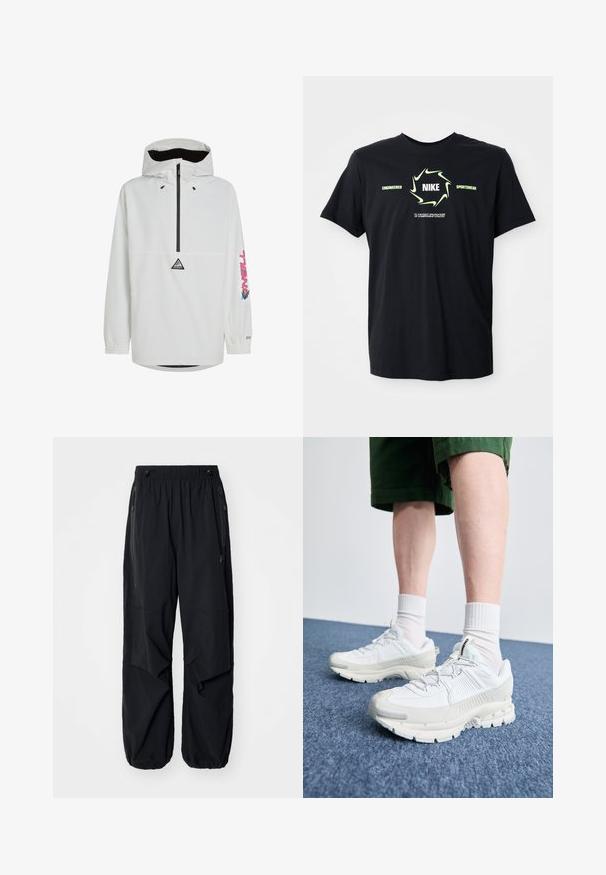 Giacca a pullover bianca con zip nera e polsini elasticizzati. Presenta un logo sul petto e testo colorato sulla manica. Tessuto leggero.; Maglietta nera Nike con un cerchio verde chiaro attorno a "NIKE" e testo "Engineered Sportswear" con una scritta in piccolo sotto.; Pantaloni cargo leggeri neri con elastico in vita, zip laterali e tasche ampie. Caratterizzati da una vestibilità comoda e fondi a gamba affusolata.; Scarpe da ginnastica bianche con sovrapposizioni testurizzate, suola spessa e accenti grigi. Indossate con calze corte bianche e pantaloni corti verdi su una superficie blu.