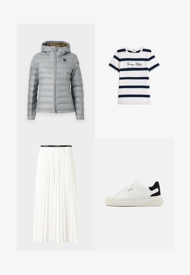 Blauer ELLIS - Zimska jakna - grigio grifone; Bombažna majica s horizontalnimi mornarsko modrimi črtami na belem ozadju. "Tommy Hilfiger" izvezeno v kurzivni pisavi na prsih. Okrugli izrez.; Gubasta bela krila z črnim elastičnim pasom, ki nosi logotip "LACOSTE". Srednje dolga zasnova z mehkobo tkanine.; Bele usnjene športne copate z debelim belim podplatom, črnimi semišnimi detajli na peti in utisnjenim logotipom na strani. Zavezovanje s šestimi luknjicami.