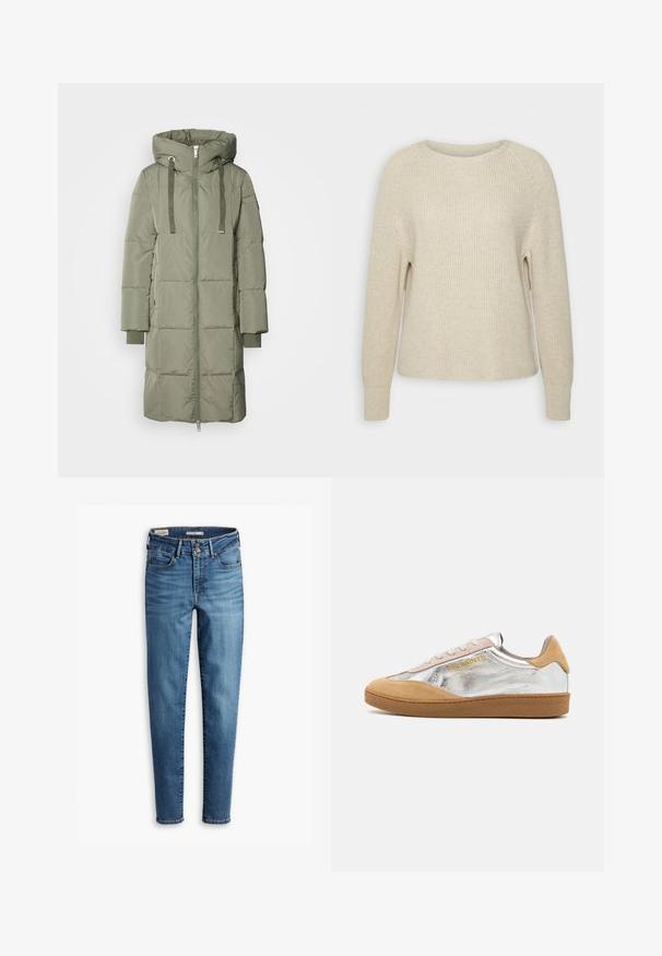 Mos Mosh NOVA SQUARE - Dunfrakker - tea; Lyserød strikket sweater med rund halsudskæring, raglanærmer og ribbede manchetter. Teksturen er blød med en afslappet pasform og minimal detaljering.; Højtaljede, skinny jeans i lyseblå denim. Har fem lommer, frontknaplukning og klassiske syninger overalt.; Sølv- og sandfarvet ruskinds sneaker med en struktureret gummisål, beige snørebånd og et logo trykt i gult på siden.