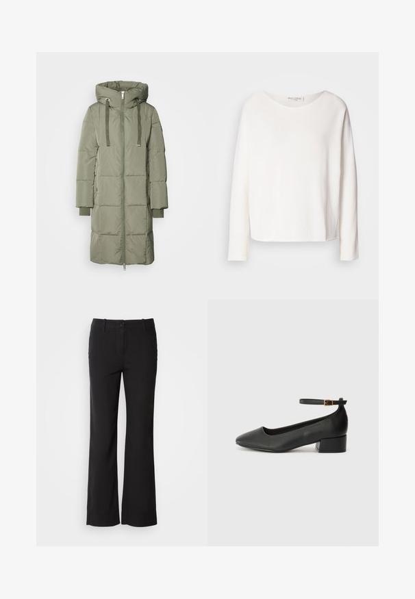 Mos Mosh NOVA SQUARE - Dūnu mētelis - tea; Garās piedurknes, apaļā kakla augšdaļa no mīkstas, vieglas, baltas auduma ar brīvu piegriezumu. Iezīmē tīru apakšmalu un bez redzamām detaļām.; Melni kokvilnas auduma bikses ar taisnu kāju dizainu, priekšējo pogu aizdari un divām sānu kabatām. Gluda tekstūra, bez redzamām rakstu zīmēm.; Melnas ādas sūkņi ar smailu purngalu un zemu bloku papēdi. Iezīmēts ar potītes siksniņu ar zelta krāsas sprādzi. Gluda tekstūra.