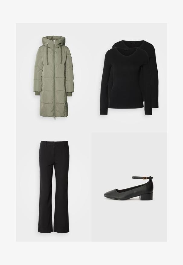 Mos Mosh NOVA SQUARE - Páperový kabát - tea; Dvoje čiernych košieľ s dlhým rukávom a výstrihom do V, vyrobených z mäkkej a elastickej látky, s jemnou textúrou a priliehavým strihom.; Čierne nohavice z bavlneného zmesového materiálu s rovnými nohavicami, predným zapínaním na gombík a dvoma bočnými vreckami. Hladká textúra, žiadne viditeľné vzory.; Čierne kožené lodičky s špicatou špičkou a nízkym blokovým podpätkom. Obsahuje remienok okolo členka so zlatým prackou. Hladký povrch.