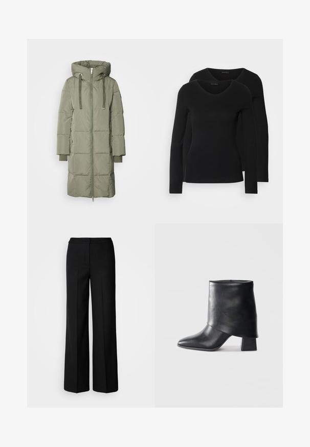 Mos Mosh NOVA SQUARE - Down coat - tea; Two black long-sleeve shirts with a V-neck design, made of soft, stretchy fabric, showing smooth texture and a fitted shape.; Black wide-leg trousers with a smooth fabric, featuring a high waist, tailored seams, and a minimalist design. No visible hardware or pockets.; Black leather ankle boot with a pointed toe, smooth texture, and a structured block heel. Features a high, folded cuff design.