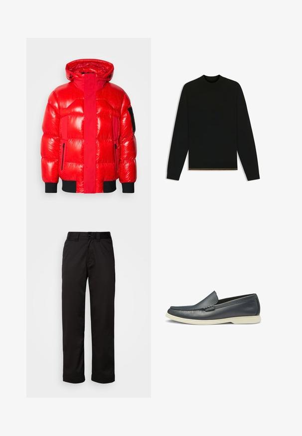 Punainen puffatakki kiiltävällä pinnalla, jossa on korkea kaulus, vetoketjulliset taskut ja mustat yksityiskohdat hihansuissa ja helmassa.; Mustat neuleet esittelevä paita, jossa on pitkät hihat ja korkea kaulus. Helman kultaista koristeita. Sileä tekstuuri ja istuva muotoilu.; Mustat housut, jotka on valmistettu sileästä kankaasta. Ne sisältävät vetoketjukiinnityksen, napin sulkemisen sekä käärityt lahkeet rentoa muotoilua varten.; Navy nahkahuilut, joissa on sileä pinta, helposti jalkaan laitettava muotoilu ja kontrastivalkoinen kumipohja. Omassa lisäkoristuksessa on koristeommel varpaissa.