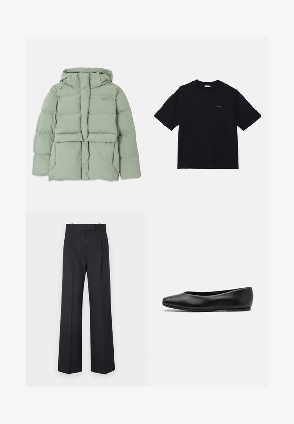 Light green puffer jacket with a hood, featuring a zip closure, two front pockets, and a quilted design. Smooth, matte finish.; Black short-sleeve t-shirt made of cotton, featuring a crew neckline and a small logo on the left chest. Smooth texture and relaxed fit.; Dark blue pinstriped trousers with a high waist, wide leg design, and no visible hardware or embellishments. Smooth texture and tailored fit.; Paul Smith TOPANGA - Ballet pumps - black