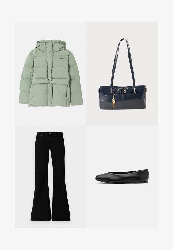 Light green puffer jacket with a hood, featuring a zip closure, two front pockets, and a quilted design. Smooth, matte finish.; Black short-sleeve t-shirt made of cotton, featuring a crew neckline and a small logo on the left chest. Smooth texture and relaxed fit.; Black flared jeans made from denim, featuring a classic five-pocket design, button closure, and subtle stitching details along the seams.; Paul Smith TOPANGA - Ballet pumps - black; Navy leather handbag with two long handles, a buckle detail, and a keychain attached. Features a smooth texture and a rectangular shape.
