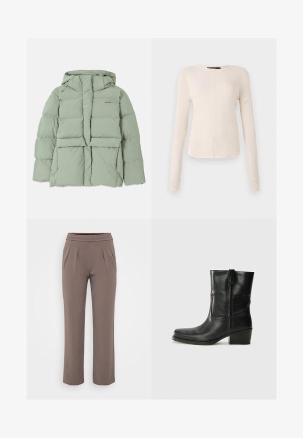 Light green puffer jacket with a hood, featuring a zip closure, two front pockets, and a quilted design. Smooth, matte finish.; Long-sleeve, light beige top with a round neckline. Made of soft fabric, features a central seam and slightly curved hem. No visible hardware.; Taupe loose-fit trousers with elastic waistband and front pleats, made from smooth fabric.; Black leather ankle boot with a rounded toe, block heel, side zipper, and stitching accents on the vamp. Smooth texture, classic design.