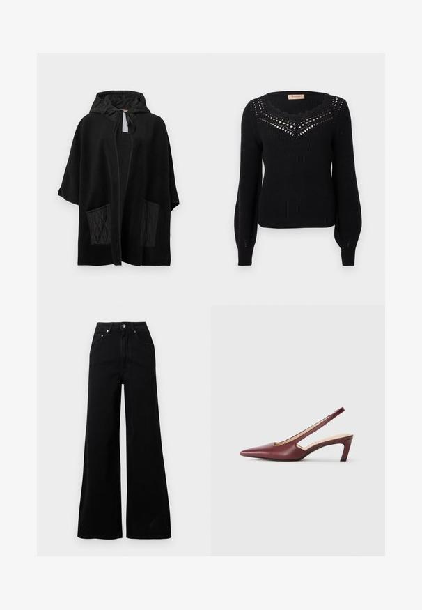Black hooded poncho made of soft fabric with quilted black pockets, featuring an open front and drawstring hood.; Black sweater with a ribbed texture, scalloped neckline, and openwork detail at the chest. Long sleeves and fitted waist.; Black wide-leg jeans made from denim, featuring a high waist, five pockets, front button closure, and minimal stitching details.; Burgundy slingback heels with a pointed toe, cutout details on the side, and a mid-height block heel. Smooth leather finish.