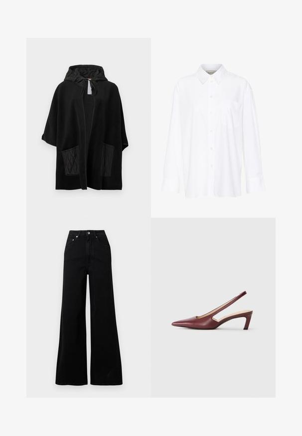 Zwarte poncho met capuchon gemaakt van zachte stof met doorgestikte zwarte zakken, voorzien van een open voorkant en een capuchon met trekkoord.; Witte lange mouwen overhemd met kraag van katoen. Voorzien van een knoopsluiting aan de voorkant en een enkele borstzak. Een gladde textuur en een ontspannen pasvorm.; Zwarte jeans met wijde pijpen van denim, voorzien van een hoge taille, vijf zakken, een knoopsluiting aan de voorkant en minimale stikseldetails.; Bordeaux slingback hakken met een spitse neus, uitsparingen aan de zijkant en een middellange blokhak. Glad leren afwerking.