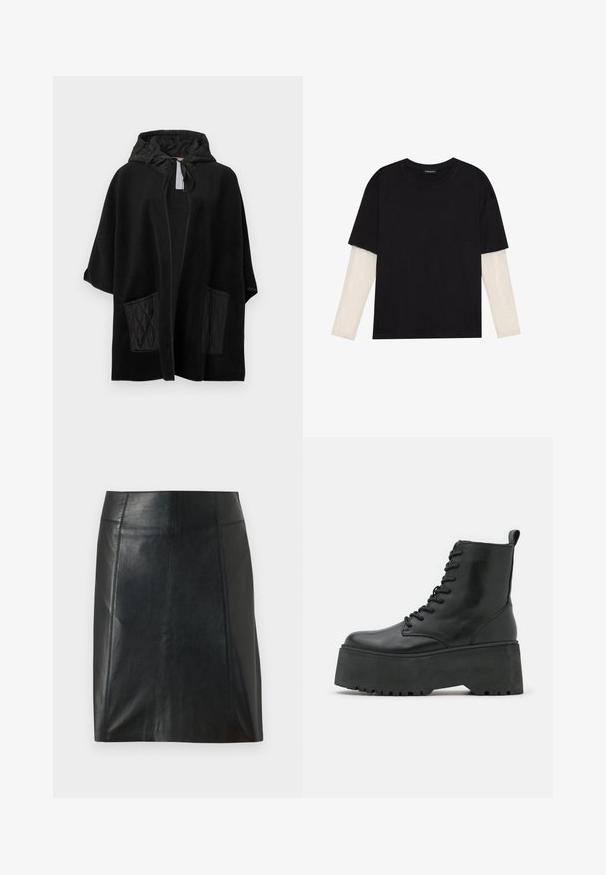 Mustast pehmest kangast kapuutsiga ponšo, mustade tikanditega taskutega, millel on avatud ees ja paelaga kapuuts.; Mustmust särk, mis on valmistatud puuvillast, lühikeste varrukatega, valge pika varrukaga kihi peal, millel on peene tekstuuriga muster. Ümar kaelus.; Mustast nahast seelik, millel on kohandatud disain. Sile tekstuur, õmblused, mis rõhutavad vormi, ja sirge äär. Minimalistlik ja stiilne välimus.; Mustad mustad kingad paksu platvormi tallaga, valmistatud siledast nahast, nööpide ja taga tõmbeauguga.