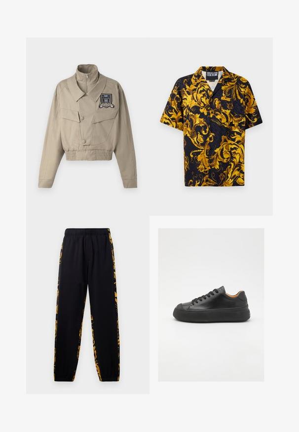 Vaateet on vaaleanbeige takki, jossa on korkea kaulus, edessä vetoketjukiinnitys, kaksi suurta rintataskua ja vasemmalla puolella ommeltu emblem.; Musta lyhythihainen napitettava paita, jossa on keltaisia ja kultaisia barokkimäisiä kukkakuoseja sekä rintatasku. Kauluksessa on merkintä Versace Jeans Couture.; Mustat jogger-housut, joissa on joustava vyötärö ja lahkeiden resorit, joissa on kultaisia ja mustia kukkakuosisia sivupaneeleja.; Mustat nahkasneakerit, joissa on pyöreä kärki, nauhakiinnitys edessä, sileä pinta, paksu kumipohja ja kontrastoiva vaaleanruskea sisustus.