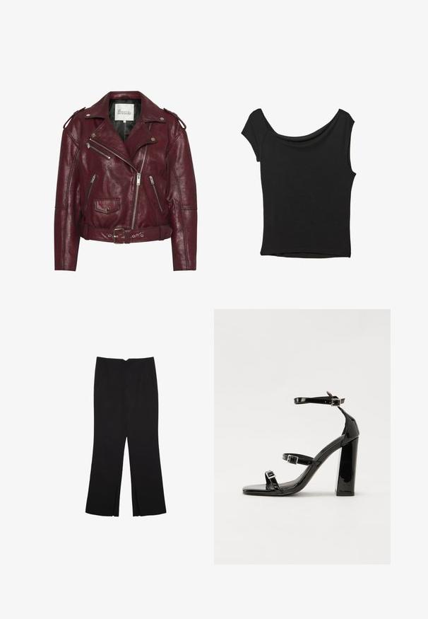 Burgundska kožna biker jakna s metalnim patentnim zatvaračima, ramenskim epauletama, pojasom u struku i teksturiranom završnicom. Unutarnja podstava je crna.; Crna majica kratkih rukava od glatkog materijala; ima drapirani izrez i asimetrični donji rub, uz prilagođeni kroj tijela.; Crne hlače ravnog kroja, s prednjim džepovima i bočnim prorezima na rubu. Izrađene od mekog i glatkog materijala. Pogodne za razne prigode.; Crne lakirane sandale na pete sa kvadratnim nosom, trakama oko gležnja i srebrnim kopčama. Imaju čvrst blok petu za stabilnost.