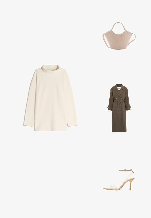 Trench coat lungo di colore verde oliva in un tessuto leggero. Presenta una chiusura doppiopetto, cintura in vita e passanti sulle spalle.; Maglione a collo alto di colore crema con maniche lunghe, vestibilità rilassata e spacchetti sul bordo. Realizzato in tessuto morbido e testurizzato.; Sandal con tacco trasparente e parte superiore trasparente, plantare beige e una sottile cinghia alla caviglia. Presenta una punta appuntita e un tacco alto e sottile.; Borsa in pelle beige con una forma unica, caratterizzata da due manici corti e una lunga tracolla regolabile. Texture liscia con hardware minimale.