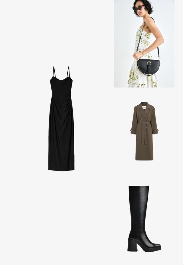 Lange, olijfgroene trenchcoat van een lichtgewicht stof. Beschikt over een dubbele knopenlijst aan de voorkant, een tailleband en schouderepauletten.; Zwart midi-jurk met dunne verstelbare bandjes, voorzien van een gedrapeerd ontwerp en een gladde textuur. Geen zichtbare patronen of versieringen.; Zwarte knie-hoge laars van gestructureerd synthetisch materiaal, met een vierkante neus, chunky hoge hak en een glad, gestroomlijnd oppervlak.; Zwarte leren handtas met een gebogen vorm, afneembare schouderband en gouden hardware. De tas heeft een klep met een gespsluiting.