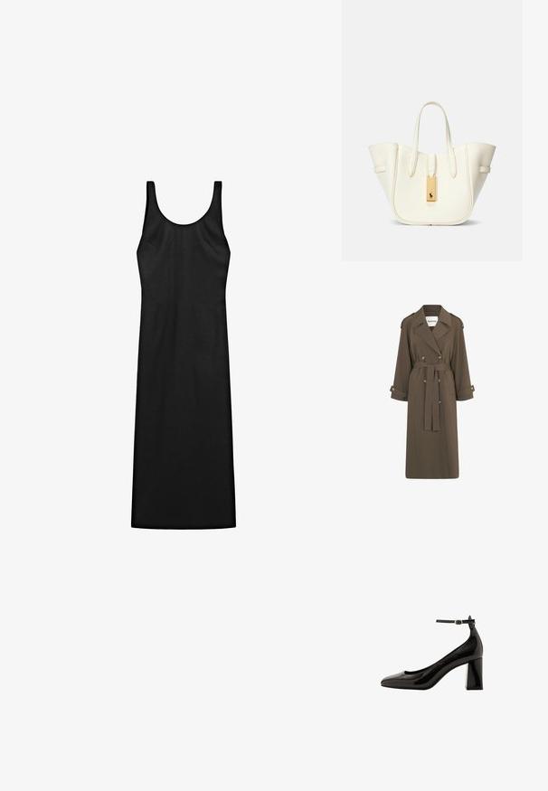 Lang, olivengrøn trenchcoat i letvægtsstof. Har dobbeltknaplukning foran, taljebånd og skulderepauletter.; Sort ærmeløs kjole med tætsiddende design, lavet af glat stof. Har en rund halsudskæring og når til midt på læggen.; Sorte patentlæder ankelstroppumpe med en blank finish, spidse tå og en tykk blokhæl. Glat tekstur, minimal udsmykning.; Hvid læder tote taske med en struktureret form, fremtrædende syninger, guld hardware mærke og dobbelt håndtag. Tekstureret overflade med sidelommer.