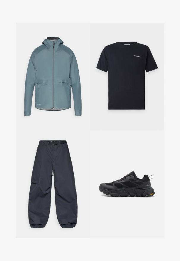 Jasnoniebieska, wodoodporna kurtka z wysokim kołnierzem, zamkiem błyskawicznym z przodu i logo na dole. Gładka tekstura, długie rękawy i kaptur.; Czarna koszulka z krótkim rękawem wykonana z bawełny, z małym białym logiem Columbia na lewej piersi. Klasyczny okrągły dekolt i luźny krój.; Ciemnoszare spodnie cargo wykonane z miękkiego, trwałego materiału. Mają szeroki, luźny krój, wiele kieszeni oraz pasek w talii do regulacji.; Czarne buty sportowe z grubą podeszwą, górną częścią z siateczki i syntetyku, teksturowanymi akcentami oraz logo Vibram na podeszwie.