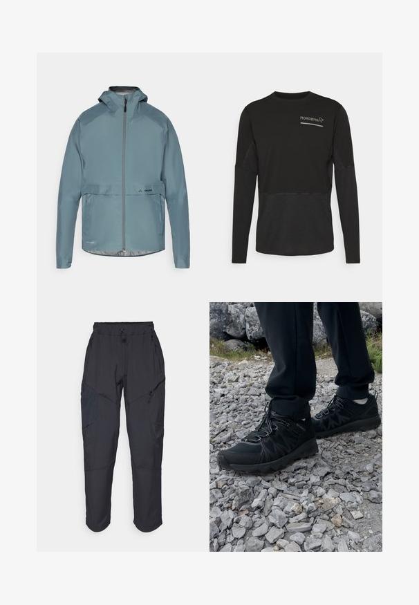 Jacket à prova d'água, de cor azul claro, com colarinho alto, fecho na frente e um logótipo na parte inferior. Textura suave, com mangas longas e capuz.; Norrøna SENJA EQUALISER LIGHTWEIGHT LONG SLEEVE - Camisola de manga comprida - caviar; Calças cargo pretas feitas de um material leve e resistente à água; apresentam uma cintura elástica, múltiplos bolsos com fecho e pernas ajustadas.; Sapatos pretos para exterior, feitos de material em malha e sintético, com um cabedal texturizado, sistema de atilho seguro e uma sola robusta, sobre terreno rochoso.