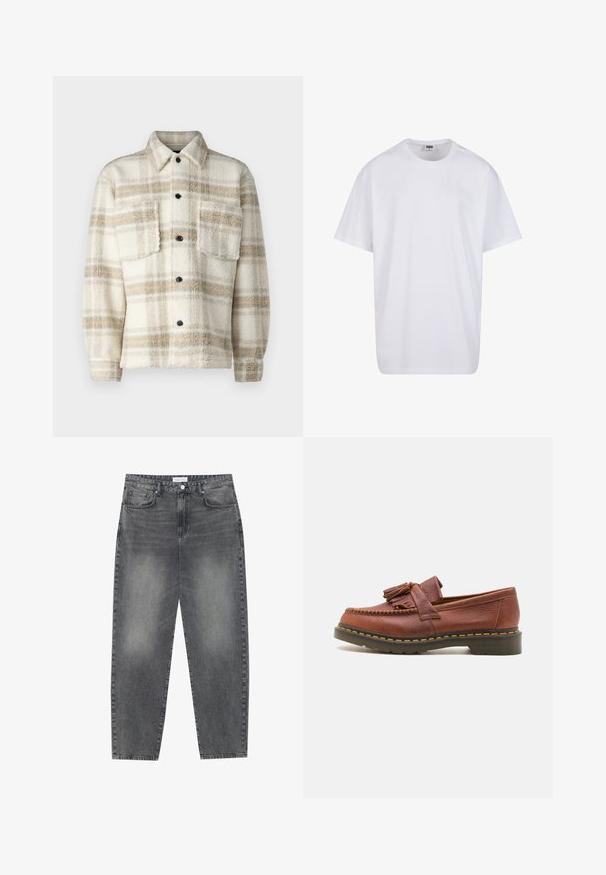 Fleece ternetjakke i creme med grå og gule striber. Har en krave, to brystlommer og sorte knapper. Blød tekstur.; Hvid bomulds t-shirt med korte ærmer, rund halsudskæring, afslappet pasform, og ingen synlige logoer eller mønstre. Glat tekstur og minimalistisk design.; Høj talje, løstsiddende jeans i falmet sort denim. Har fem lommer, bæltestropper og et rent, lige ben design.; Brune læder mokkasiner med frynseakkenter, tekstureret overflade og kontrasterende gul syning langs den sorte gummisål. Sidevinkel.