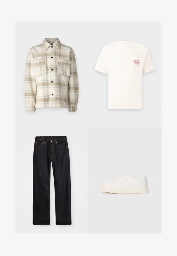 Giacca in pile a scacchi color crema con strisce grigie e gialle. Presenta un colletto, due tasche sul petto e bottoni neri. Texture morbida.; T-shirt bianco a maniche corte con testo rosso "Studio Originals Edition" sul lato sinistro del petto, esposto su uno sfondo grigio neutro.; Jeans neri in denim dritto da uomo con cinque tasche e cuciture arancioni, chiusura con bottone e zip sulla vita anteriore.; Sneakers bianchi slip-on con superficie texturizzata, suola spessa e design minimalista. Presentano il logo del marchio sul lato.