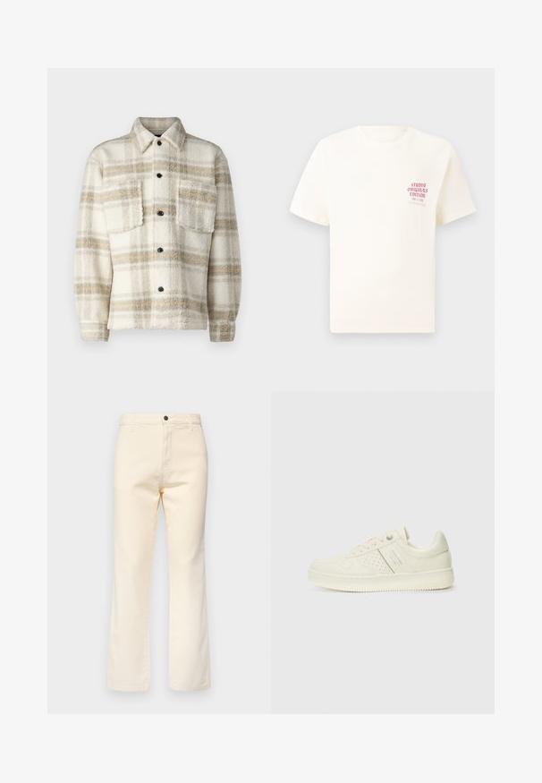 Kreemjas plüüsist ruuduline jakk hallide ja kollaste triipudega. Omab kraed, kahte rinna-taskut ja musti nuppe. Pehme tekstuur.; Valge lühikeste varrukatega T-särk, millel on vasakul rinnal punane tekst "Studio Originals Edition", esitatud neutraalsel hallil taustal.; Kreemikaalased puuvillased teksad sirge sääre disainiga, millel on esi-nuppude sulgemine ja tavaline viie tasku stiil.; Koor valged tossud perforatsiooni detailide, nööpide ja külje logo ka, esitatud ühtlase valge tausta ees.
