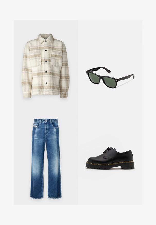 Krekls ar flīsa šūnu rakstu krēmkrāsā ar pelēkām un dzeltenām svītrām. Ar apkakli, divām krūšu kabatām un melniem pogām. Mīksta tekstūra.; Divas bez piedurknēm T-krekli, viens melns un viens balts, ar apaļu kakla izgriezumu un mīkstu kokvilnas audumu. Abiem ir standarta taisns griezums.; Platās kājas džinsi vidēji zilā krāsā, ar pogu aizdari, priekšējiem kabatām un nelielu izbalējumu. Tīrsa apmale ar taisnu griezumu.; Melnas ādas kurpes ar saistēm, noapaļota purngalu, ar teksturētu gumijas zoli un dzeltenu šuvju ap malu. Plakana forma un gluda apdare.; Melnas plastmasas saulesbrilles ar zaļiem lēciem, kvadrātveida rāmjiem, sudrabainu akcentu uz uzacīm un teksturētām tempļu kājām. Zīmols norādīts uz iekšējās kājas.; Melnas auduma soma ar strukturētu, quiltotu rakstu. Apaļa forma, īsas, resnas rokturi un mīksta, elastīga konstrukcija.