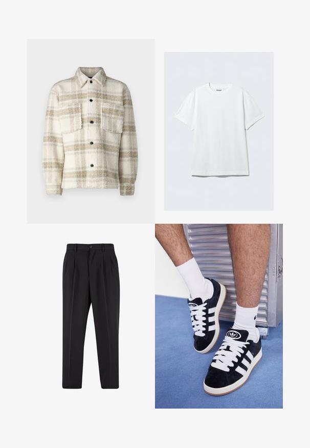 Kurtka z flaneli w kolorze kremowym w kratę z szarymi i żółtymi paskami. Posiada kołnierz, dwie kieszenie na piersi oraz czarne guziki. Miękka tekstura.; Biała krótko rękawek koszulka wykonana z miękkiej bawełny. Posiada okrągły dekolt i luźny krój, z gładką teksturą i prostym, nieozdobionym wzorem.; Czarne spodnie z plisowanym przodem, wykonane z gładkiego materiału. Zapięcie na guzik i szlufki na pasek; prosty krój nogawek.; Czarne zamszowe sneakersy z białymi sznurówkami i trzema białymi paskami. Posiadają okrągłe czarne logo na języku i gumową podeszwę.