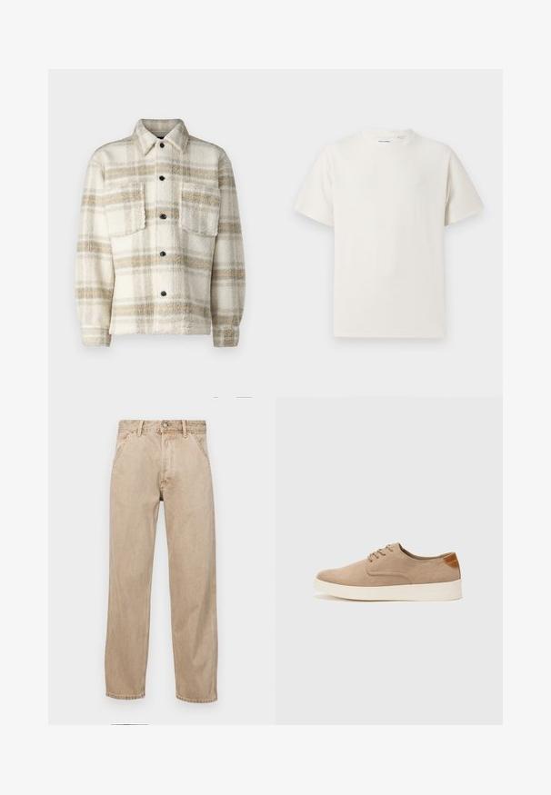 Fleece ternetjakke i creme med grå og gule striber. Har en krave, to brystlommer og sorte knapper. Blød tekstur.; Hvid kortærmet T-shirt i ribbet tekstur. Rund halsudskæring, løs pasform, ingen synlige mønstre eller accenter. Enkel og alsidig design.; Beige denimjeans med lige bendesign, med forlommer, metalknaplukning og subtil struktur.; Beige ruskinds sneakers med rund tå, snørebånd foran og en struktureret rygdetalje. Hvid gummisål giver kontrast. Enkel og moderne design.
