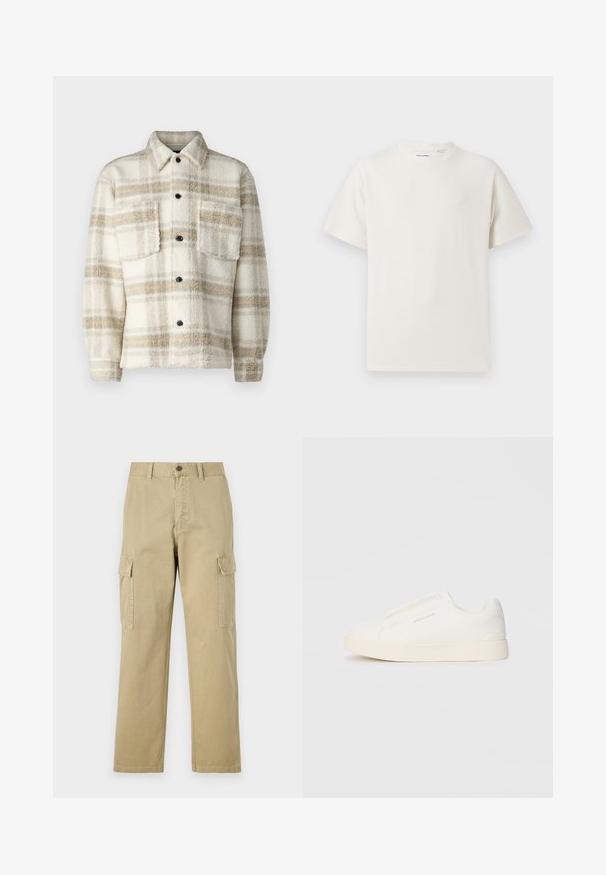 Kreemjas plüüsist ruuduline jakk hallide ja kollaste triipudega. Omab kraed, kahte rinna-taskut ja musti nuppe. Pehme tekstuur.; Valge lühikeste varrukatega T-särk ribakudumises. Ümar kaelus, mugav lõige, nähtavad mustrid ega aksessuaarid puuduvad. Lihtne ja mitmekesine disain.; Beige cargos, mis on valmistatud puuvillast, sisaldavad kahte küljetaskut, nööbiga sulgemist ja sirgeid jalgu, millel on kergelt tekstureeritud kangas.; Valged libisemiskindlad tossud tekstuuriga pinnaga, paksu tallaga ja minimalistikus disainis. Küljel on brändi logo.