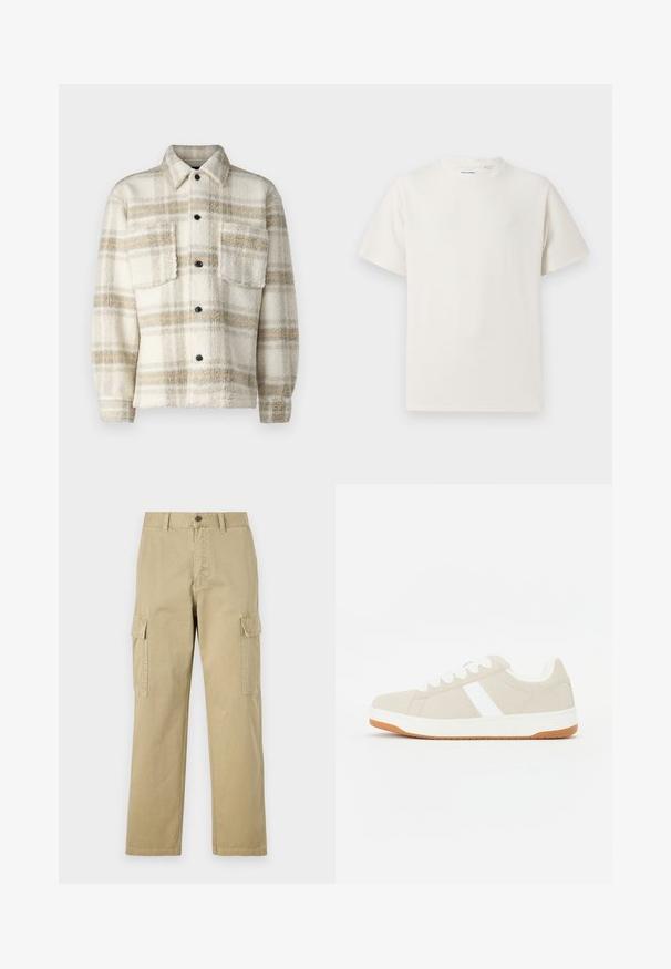 Kreemjas plüüsist ruuduline jakk hallide ja kollaste triipudega. Omab kraed, kahte rinna-taskut ja musti nuppe. Pehme tekstuur.; Valge lühikeste varrukatega T-särk ribakudumises. Ümar kaelus, mugav lõige, nähtavad mustrid ega aksessuaarid puuduvad. Lihtne ja mitmekesine disain.; Beige cargos, mis on valmistatud puuvillast, sisaldavad kahte küljetaskut, nööbiga sulgemist ja sirgeid jalgu, millel on kergelt tekstureeritud kangas.; Beežid tossud valgete aktsentidega, sametise tekstuuriga, ümar kuju, nööritav disain ning kontrastse kummist tallaga.