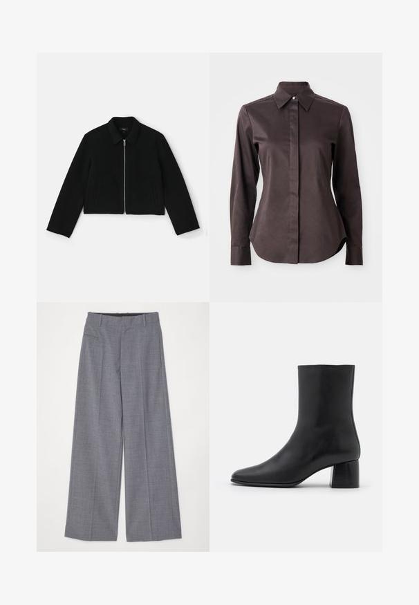 Theory BLOUSON - Summer jacket - black; Dark brown long-sleeve button-up shirt with pointed collar and concealed placket on a white background.; MM6 Maison Margiela PANTS - Trousers - grey melange; Black leather ankle boot with a pointed toe and a chunky square heel. Smooth texture with a seamless design and minimalistic stitching.