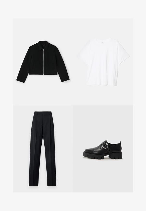 Theory BLOUSON - Ljetna jakna - black; Bijela pamučna majica s kratkim rukavima, okruglim izrezom, opuštenim krojem i šivenim rubom. Etiketa je vidljiva na unutarnjoj strani vrata.; Crne hlače od glatkog materijala s visokim strukom, širokim nogavicama, prednjim pregibima i klasičnim petljama za remen. Nema vidljivih bočnih džepova.; Crne kožne cipele s debelim, rebrastim potplatom, koje imaju okrugli srebrni detalj i minimalne šavove.