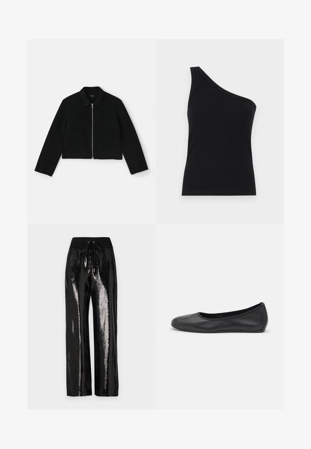 Theory BLOUSON - Vasaras jaka - black; Vienu plecu melns ribots topiņš ar pieguļošu dizainu un mīkstu tekstūru. Iezīmējas ar tīru, minimālu griezumu un gludu apkakli.; Melni ēku bikses ar plašu kāju griezumu un elastīgu jostasvietu, kurai ir aukliņa. Audums ir ar atstarojošu, spīdīgu tekstūru.; Melna ādas baleta kurpe ar noapaļotu purngalu, gludu tekstūru, minimālu šuvju detalizāciju un elastīgu zoles dizainu.