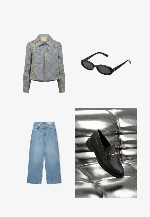 Modrá a zlatá vzorovaná bunda s límečkem, zkráceným střihem, dlouhými rukávy a texturovanou tkaninou. Zapínání v přední části a hladká podšívka.; Hladká bílá dlouhá košile s dlouhým rukávem, kulatým výstřihem, zobrazená zezadu, ležící na bílém pozadí.; Světlé modré široké džínové kalhoty vyrobené z denimu, s vysokým pasem, pěti kapsami, knoflíkovým zapínáním a jemným vyblednutím pro texturu.; Černé kožené loafery s detaily zlatého kovu. Obuv má elegantní design a hladký, lesklý povrch.; Černé oversized sluneční brýle s oválnými čočkami, hladkým plastovým rámem a zlatými akcenty na spáncích. Tmavé čočky poskytují ochranu před sluncem.; Měkká hnědá kabelka ve stylu hobo s jedním širokým popruhem a zakřiveným horním otvorem, vystavená na bílém pozadí.