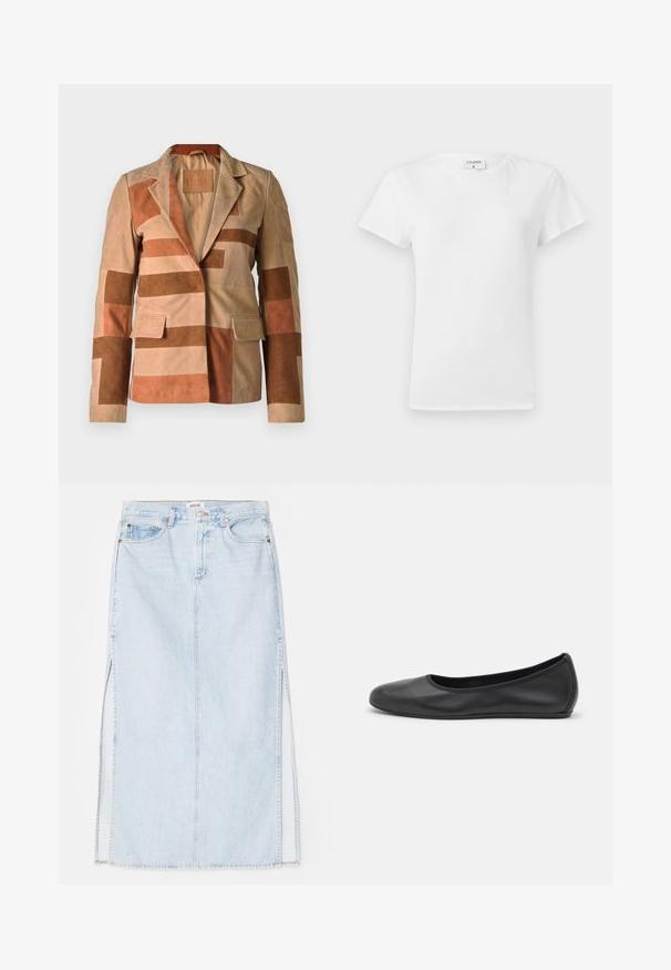 Suede blazeren med patchworkdesign i nuancer af beige og brun, med en notch-krave og to forlommer.; Hvid bomulds t-shirt med rund hals og korte ærmer, præsenteret i et afslappet fit og minimalistisk design. Etiketten er synlig ved halsen.; Lyseblå denim maxi nederdel med lige snit, der har sideslidser og fem-lomme design. Fremtrædende syninger og metalknaplukning.; Sort læderballetsko med rund tå, glat tekstur, minimal syning og et fleksibelt såldesign.