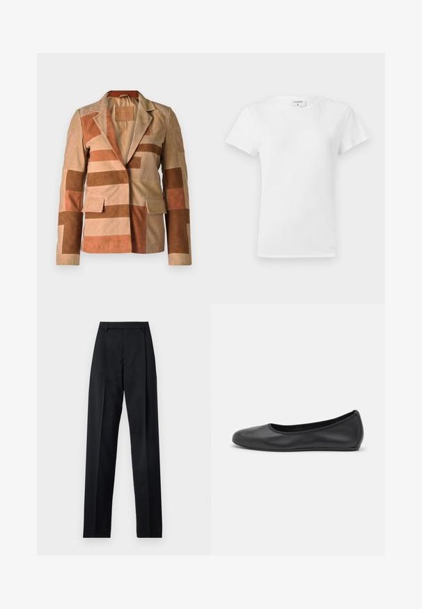 Zamša žakets ar kapara dizainu bēšā un brūnā krāsā, ar izgriezumu apkakli un divām priekšējām kabatām.; Balts kokvilnas T-krekls ar apaļu kakla izgriezumu un īsām piedurknēm, tam ir brīvs piegriezums un minimālistisks dizains. Vēl redzama birka pie kakla.; Melnas bikses, izgatavotas no gludas auduma, ar augstu vidukli, platiem bikšu galdniekiem, priekšējiem krokām un klasiskām jostu cilpām. Sānu kabatas nav redzamas.; Melna ādas baleta kurpe ar noapaļotu purngalu, gludu tekstūru, minimālu šuvju detalizāciju un elastīgu zoles dizainu.