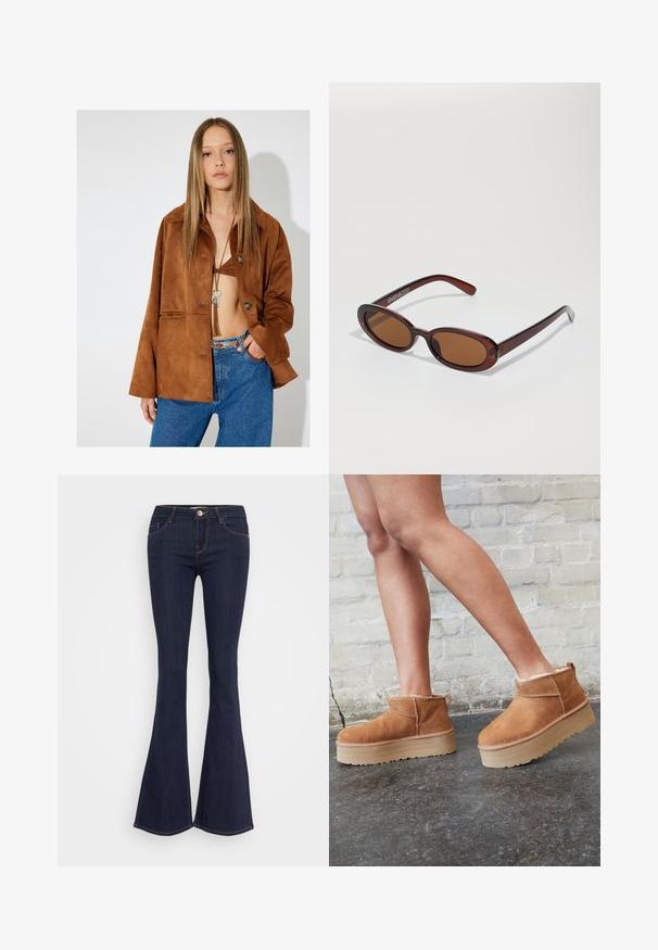 Bruine suède jas met een kraag, drie knopen en een losse pasvorm. Draagt over een bralette, gecombineerd met blauwe jeans en een decoratieve riem.; Zwarte, kortemouwige coltrui gemaakt van ribbelstof, met een slim fit en een hoog kraagontwerp. Eenvoudig en gestructureerd patroon.; Donkere jeans met flare, een aansluitende taille, een sluiting met een voorbutton, een vijf-pocket ontwerp en naaddetails langs de benen.; Bruine suède enkelboots met een zachte voering, dikke beige plateauzool en een achterste lus. Getextureerde oppervlakte met zichtbare stiksels.; Ronde, bruin getinte zonnebril met een glanzend bordeauxrood frame. Slanke pootjes met subtiele merkdetails. Vlakke lensontwerp.