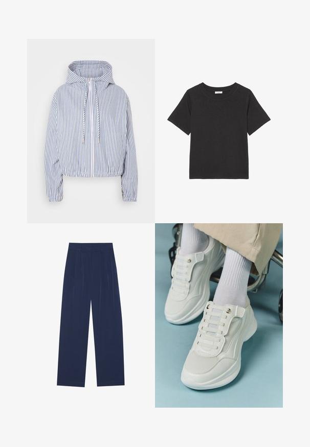 Chaqueta corta de tela a rayas en azul y blanco, con capucha, cremallera frontal, puños elásticos y cordón en el dobladillo.; Camiseta negra hecha de una tela suave, con cuello redondo y mangas cortas. El diseño es simple, sin patrones ni acentos visibles.; Pantalones de pierna ancha en azul marino, fabricados en un tejido suave, que cuentan con pliegues frontales, una textura lisa y un corte recto sin bolsillos visibles.; Zapatillas blancas con material de malla, suela de goma, diseño sin cordones con bandas elásticas y detalles en tono dorado.