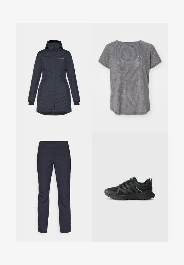 Tamno siva утепљена jakna s kapuljačom, sa prednjim zatvaračem, chevron uzorkom i elastičnim manžetama za udoban fit. Meka, glatka tekstura.; Siva majica kratkih rukava koja sadrži suptilan teksturirani uzorak, okrugli izrez i Columbia logotip na prsima. Mekani materijal, opušteni kroj.; Pantalone tamnoplave boje od glatkog materijala, s prednjim kopčanjem na dugme, uskim krojem i pregibima na koljenima.; Columbia PEAKFREAK - Obuća za pješačenje - black