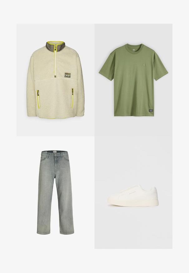 Levi's® LAKESIDE MOCK NECK UNISEX - Fleece jacket - cloud cream; Olive green cotton t-shirt with a crew neckline and short sleeves. Features a small, subtle logo patch on the chest and a woven brand label at the hem.; Light gray, loose-fitting jeans made of denim. Features a classic five-pocket design, belt loops, and a straight leg silhouette.; White slip-on sneakers with a textured surface, a thick sole, and minimalistic design. Features brand logo on the side.