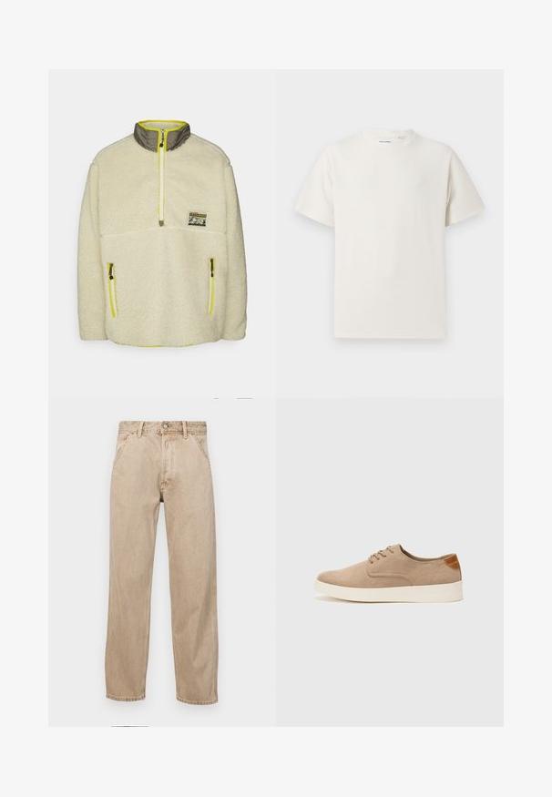 Levi's® LAKESIDE MOCK NECK UNISEX - Fleece jacket - cloud cream; White short-sleeve T-shirt in a ribbed texture. Round neckline, relaxed fit, no visible patterns or accents. Simple and versatile design.; Beige denim jeans with a straight leg design, featuring front pockets, a metal button closure, and subtle texture.; Beige suede sneakers with a rounded toe, lace-up front, and a textured back accent. White rubber sole provides contrast. Simple and modern design.