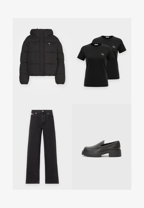 Černá nafouknutá bunda s kapucí, vybavená zipovým uzavíráním, boxy tvarem, elastickými manžetami a malým logem na levé hrudi. Měkká textura.; Dvě černá trička s krátkým rukávem a kulatým výstřihem, s malými šedými logy "CK Calvin Klein" na levé straně hrudi, vystavená na bílém pozadí.; Černé široké jeansy vyrobené z denimu, s vysokým pasem, pěti kapsami a kovovým zapínáním s kontrastním prošíváním.; Černé kožené mokasíny s okrouhlou špičkou, silnou strukturovanou podrážkou a minimálními detaily šití. Elegantní design bez viditelných tkaniček nebo kovových prvků.