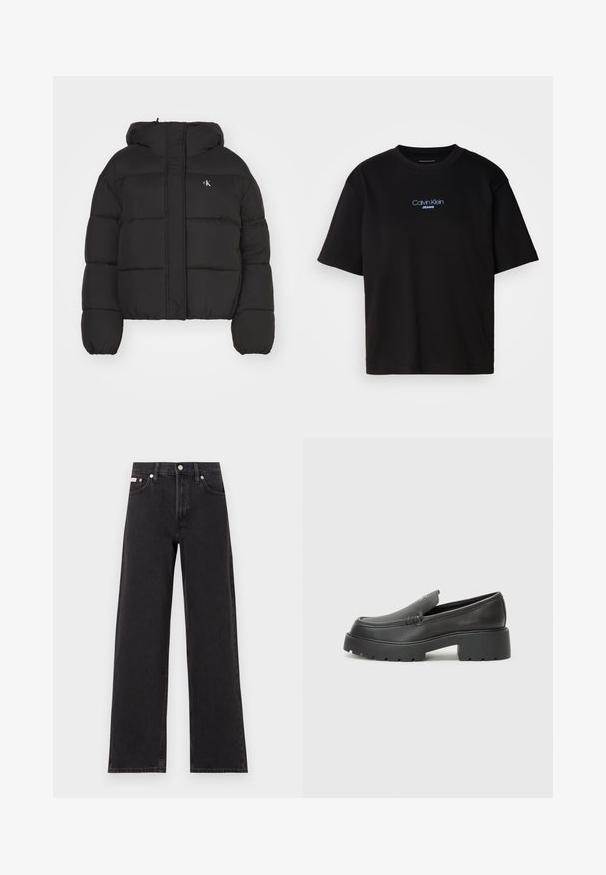 Μαύρο μπουφάν πούφ με κουκούλα, που διαθέτει κλείσιμο με φερμουάρ, κουτίσμορφη γραμμή, ελαστικούς καρπούς και μικρό λογότυπο πάνω στο αριστερό στήθος. Απαλή υφή.; Μαύρο βαμβακερό t-shirt με στρογγυλή λαιμόκοψη, κοντά μανίκια και μπλε κεντημένο λογότυπο "Calvin Klein JEANS" στην μπροστινή πλευρά.; Μαύρο τζιν παντελόνι φαρδιάς γραμμής από τζιν, με ψηλή μέση, πέντε τσέπες και κούμπωμα με μεταλλικό κουμπί, καθώς και αντίθετη ραφή.; Μαύρα δερμάτινα loafers με στρογγυλή μύτη, χοντρή υφή σόλας και ελάχιστες ραφές. Κομψός σχεδιασμός χωρίς ορατά κορδόνια ή μεταλλικά στοιχεία.