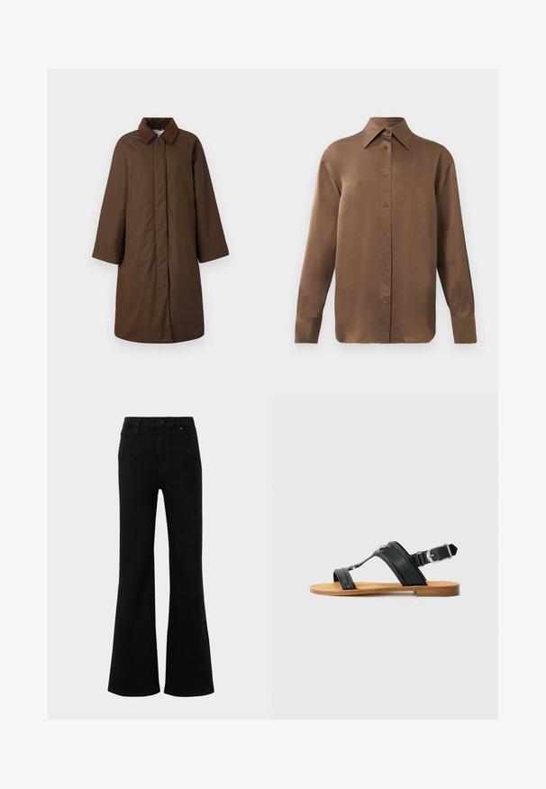 Manteau marron avec un col classique, des manches longues et une coupe droite, fabriqué dans un tissu lisse avec un léger éclat.; Chemise marron à manches longues avec un col et des poignets pointus, présentée sur un fond blanc uni.; Jean noir évasé à taille haute, fabriqué en denim. Équipé de poches structurées et d'un bouton de fermeture à l'avant. Texture lisse.; Sandale en cuir noir avec boucle réglable, semelle plate couleur tan, et deux larges bandes se croisant sur le pied, design minimaliste.