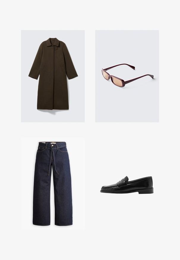 Lange bruine jas met een gladde textuur, gestructureerde kraag, zijzakken en een enkele knopenluiting. Minimalistisch ontwerp met een rechte silhoeët.; Witte longsleeve shirt van ribstof, met een ronde halslijn en een getailleerde vorm. Er zijn geen patronen of accenten aanwezig.; Wijd pijpjes donkerblauwe denim jeans met een hoge taille, voorzien van een trekkoord, vijf zakken en contrasterende stiksels.; Zwarte leren loafer met een gebogen silhouet, decoratieve band, gestructureerde stitching en een platte rubberen zool. Glad afwerking en slank ontwerp.; Bordeauxkleurige zonnebril met rechthoekige monturen, gradient lenzen en slanke armen. Het materiaal heeft een gladde, glanzende afwerking.; Zwarte geweven schoudertas met twee stevige handvatten, met een glanzende textuur en een ruime open bovenkant.