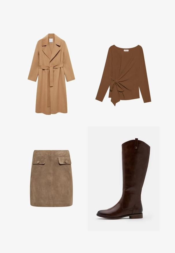 Kamelfärgad ullkappa med skräddarsydd design, långa ärmar, bred krage och ett matchande bälte i midjan. Strukturen på tyget ger en unik avslutning.; Brun långärmad topp med bred halsringning och en knutdetalj på ena sidan, tillverkad av mjukt, texturerat tyg.; Brun mockaskinn mini kjol med en slät textur, som har två framfickor med klaff och knäppningar på varje sida. Enkel, rak design.; Bruna knähöga stövlar i slät läder, med rund tå, låg klack och ett subtilt söm-mönster längs sidorna.