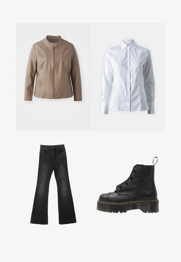 Rjav umetni usnjeni plašč s ovratnikom, sprednjim zadrgo in stranskima žepoma; ima gladko teksturo in oprijet silhueto.; Bela srajca z dolgimi rokavi, z izrazitim ovratnikom, prilegajoča se zasnova, gladko bombažno blago in sprednje gumbno zapiranje.; Črne flare jeans iz denima s surovim robom, z zasnovo petih žepov in gumbom za zapiranje. Narejeni iz trdnega, teksturiranega blaga.; Črne usnjene gležnjarje z teksturirano površino, okroglo prsti, vezalkami, rumenim šivom in debelim, rebrastim črnim podplatom.