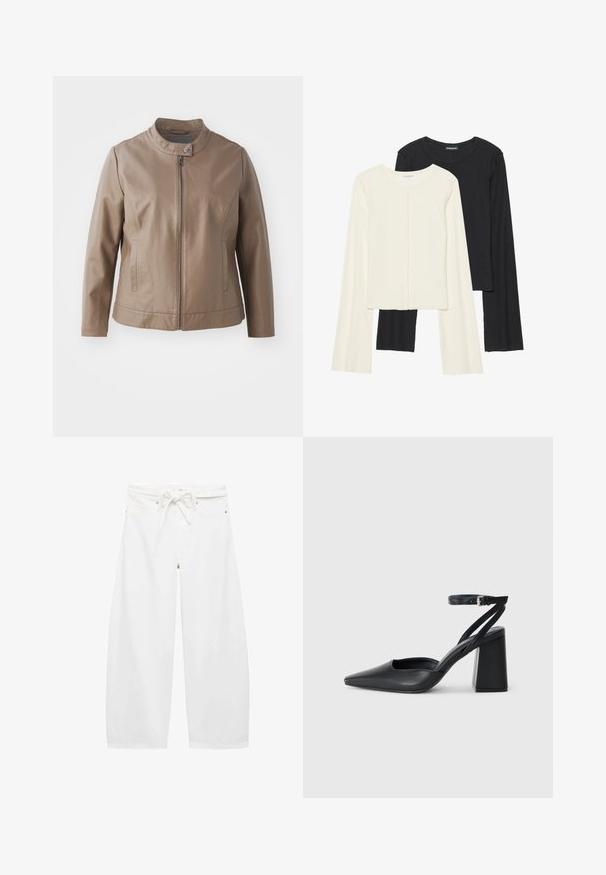 Jachetă din piele ecologică maro, cu guler, închidere frontală cu fermoar și buzunare laterale; are o textură netedă și o siluetă ajustată.; Set de două bluze cu mâneci lungi, una albă și una neagră. Textură ribbată, decolteu rotund, design ajustat cu mâneci ușor evazate.; Pantaloni largi albi dintr-un material ușor, cu talie cu șnur, două buzunare frontale și accente simple din metal.; Pantofii cu toc ascuțit din piele neagră, cu breteaua pentru glezne și toc gros. Textură netedă, design elegant și estetică minimală.